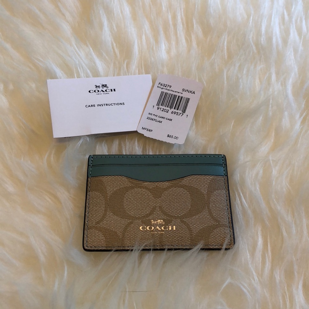 Coach Credit Card Case Khaki/Aqua Marine NWT - Picture 2 of 6